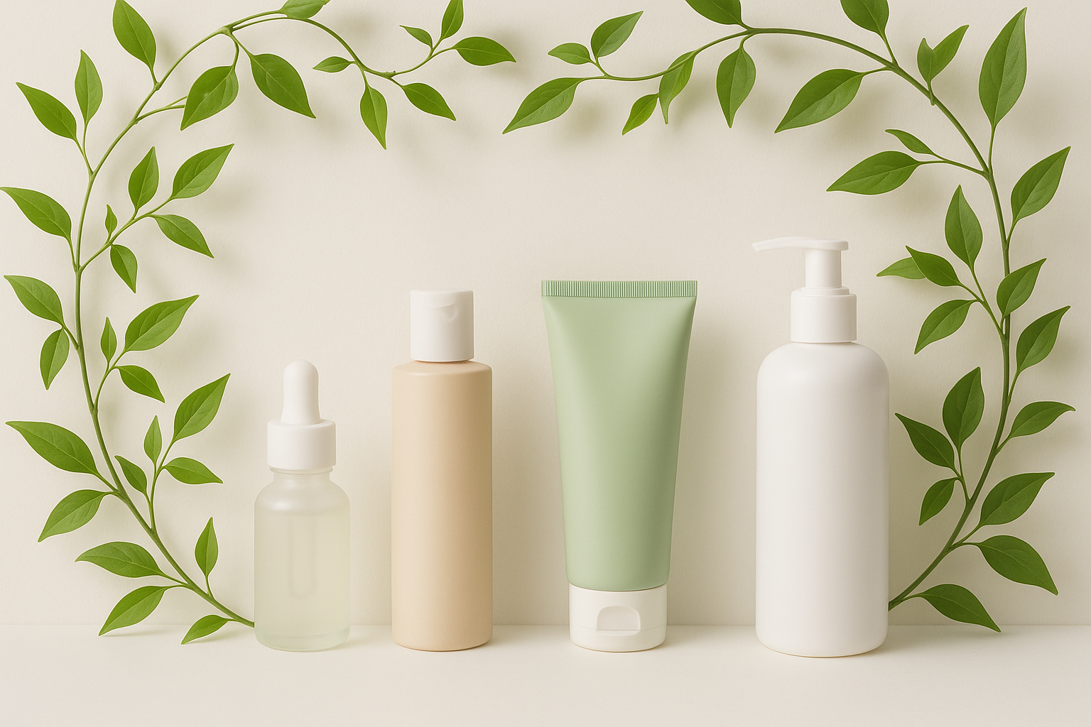 make a clean background with a vine wiht leaves and some skin care products